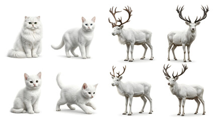 Fototapeta premium A captivating assortment of elegant white animals, featuring graceful felines and majestic antlered mammals with their pristine coats, beautifully isolated for a clean and striking visual presentation