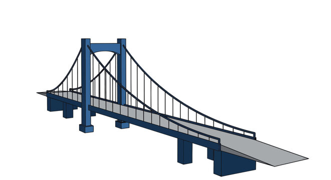 A simplified 3D rendering of a blue suspension bridge with a grey road deck against a plain white background.