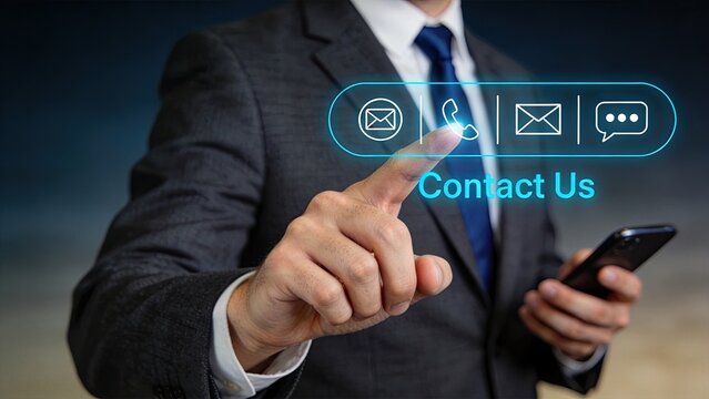Man in suit touching futuristic contact us button interface, customer service communication options, email phone message icons, digital interaction panel, corporate support
