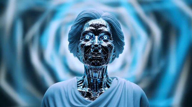 Chrome cyborg woman in neon vortex, robotic oracle draped in white toga, exposed circuitry and reflective chrome skin, pulsing blue halo and tunnel lights, eerie futuristic atmosphere, slow