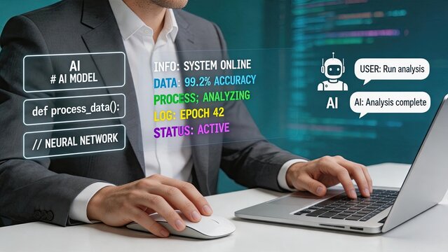 Artificial intelligence neural network analysis interface with coding script and system status log, machine learning algorithm processing data with robot chatbot interaction on