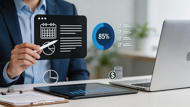 Project management dashboard analytics with calendar checklist and pie chart showing eighty five percent completion rate, business strategy planning concept with laptop and tablet