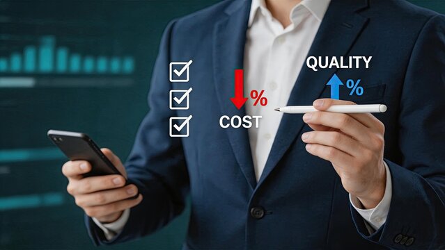 Business executive analyzing cost reduction and quality improvement strategy with arrows and checkmarks, illustrating financial optimization and performance enhancement for