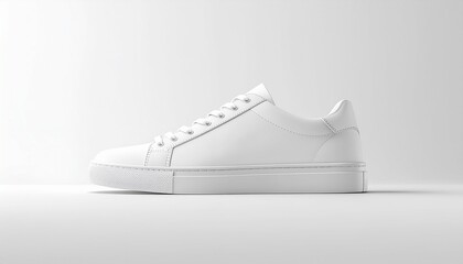 A white sneaker sits on a plain surface in a clean room environment.
