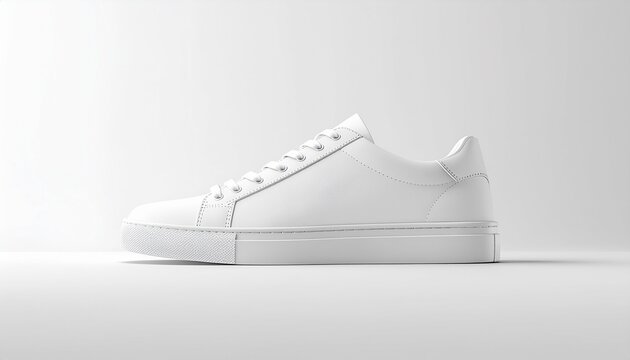 A white sneaker sits on a plain surface in a clean room environment.