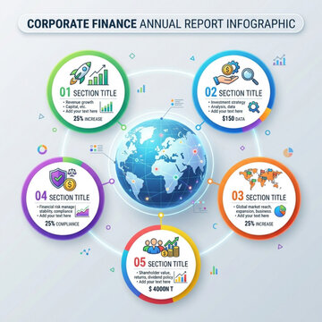 Corporate Finance Annual Report Infographic Template with Global Business Data Visualization