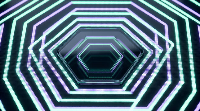 Hexagons glowing in neon light create a futuristic tunnel effect that draws the viewer into a deep digital space.
