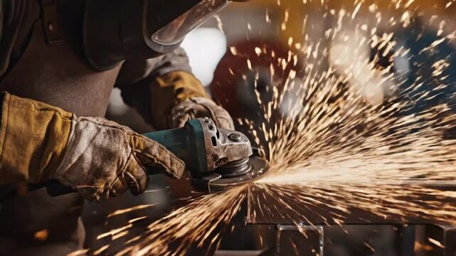 Worker in industrial setting uses power tool, creating sparks with gloved hands.