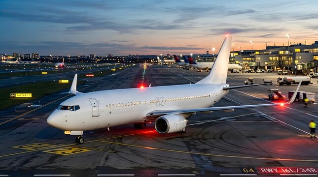 White Passenger Jet on Airport Tarmac at Dusk