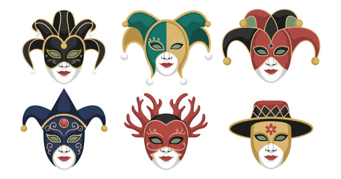 Carnival mask set featuring traditional Venetian masks with hats beads flowers and ornate decorations vector illustration on green background