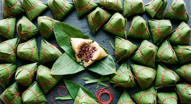 Traditional Chinese Zongzi Rice Dumplings Wrapped in Bamboo Leaves with Red String for Dragon Boat Festival