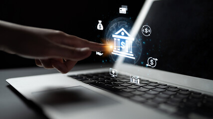 Obraz premium Concept of digital banking and global financial services. A network of secure online transactions, currency exchange, and money management for the international economy. Fermion