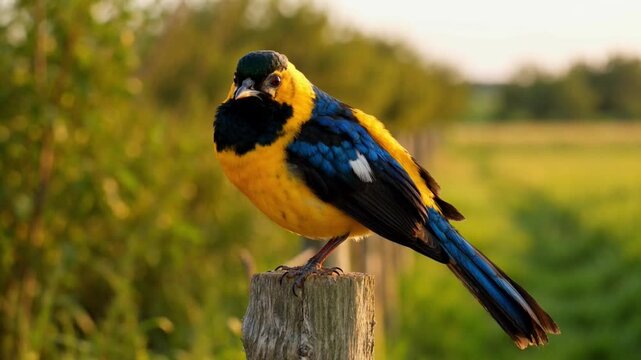 Blue and Yellow Bird Perched on Wooden Post in Natural Field