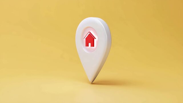 3d illustration of a white map pin with a red house icon on yellow background