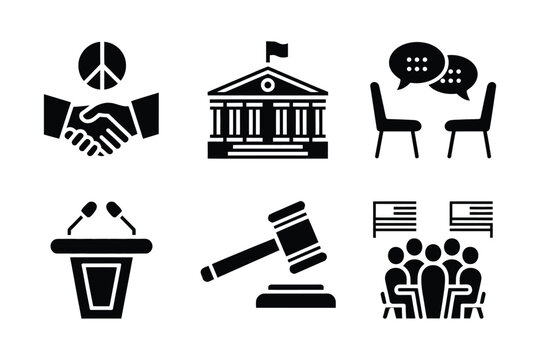 Diplomatic icon set featuring ceasefire summit negotiation sanctions embassy and press conference symbols for global affairs and peace talks vector design