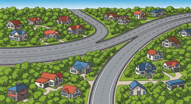 Suburban neighborhood with roads and houses illustration.