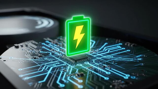 3D render of a green glowing battery icon with lightning bolt symbol on top of a computer circuit board representing fast charging and energy efficiency