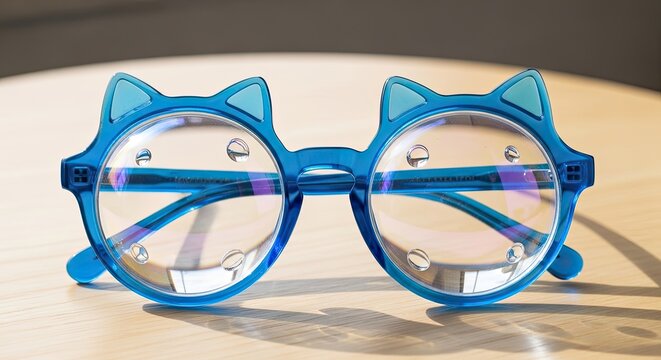 Blue novelty cat ear shaped glasses on wooden table.