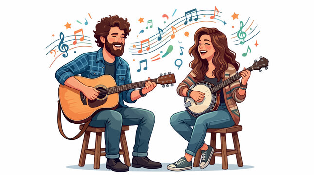 Two musicians perform a cozy jam session with a bearded guitarist and a female banjo player on stools