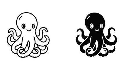 Black and white cute octopus icon pair © MDJUBAYER