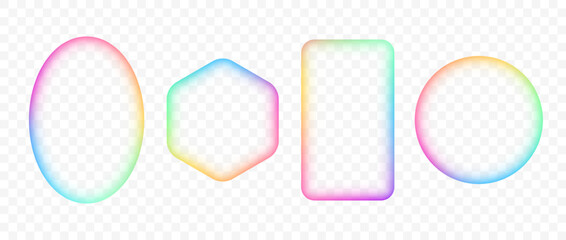 Bright iridescent gradient frame set. Blurred vivid glowing border collection. Vibrant rainbow color rectangle, circle, hexagon and ellipse banner element pack. Colorful box template bundle. Vector © vika_k