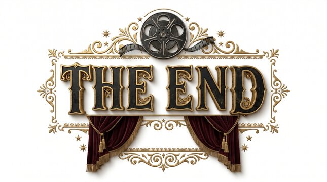 vintage theater end scene with ornate gold curtain
