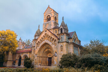 Ják chapel showing detailed romanesque architecture, an important historical landmark within vajdahunyad castle in budapest, hungary, during the autumn season © bestforbest