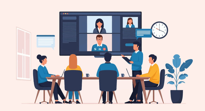 Vector illustration of a corporate team in an office conducting a remote job interview with three candidates on a large video conference screen using laptops at a desk.