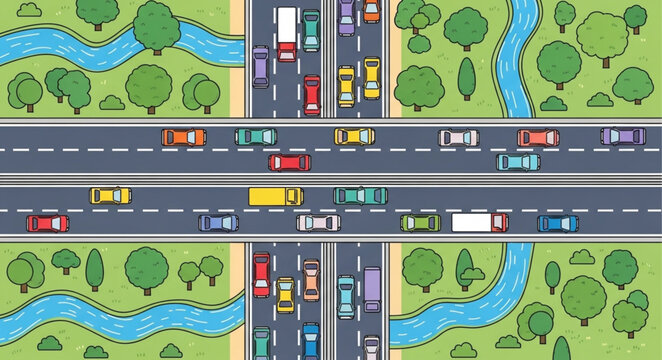 Aerial view of busy highway traffic jam with cars and trucks.
