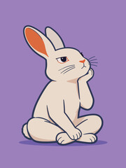 Fototapeta premium Thoughtful annoyed cartoon white rabbit sitting pose