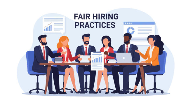 Diverse professional team in business attire sitting at a boardroom table discussing fair hiring practices with charts and data visualization on a white background vector.