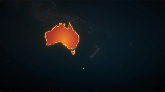 Animated Australia Nation Profile Map with Natural Wonders and Statistics on Dark Background