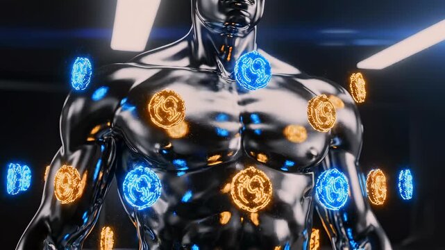 Metallic torso framed by floating personalized authentication icons in gentle motion, medium close-up view, dark tech environment, identity security, biometric access concept. 