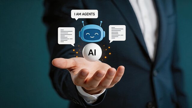 Hand holding artificial intelligence robot agent chatbot interface icon with speech bubbles representing automated customer service virtual assistant smart technology