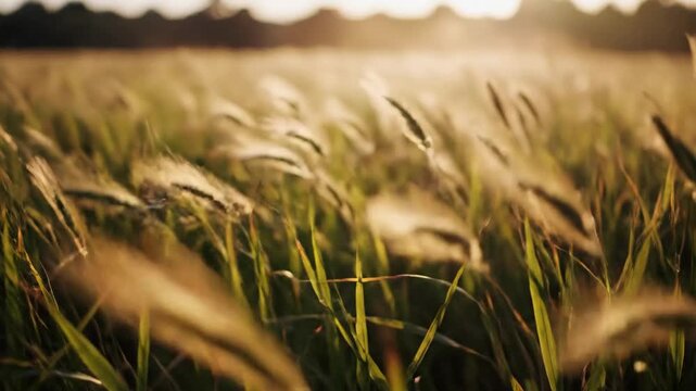 Golden Wheat Field Swaying in Wind at Sunrise with Soft Morning Light