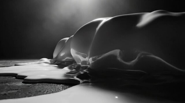 Abstract slow motion black and white artistic liquid blob forms flowing and spreading on wet surface