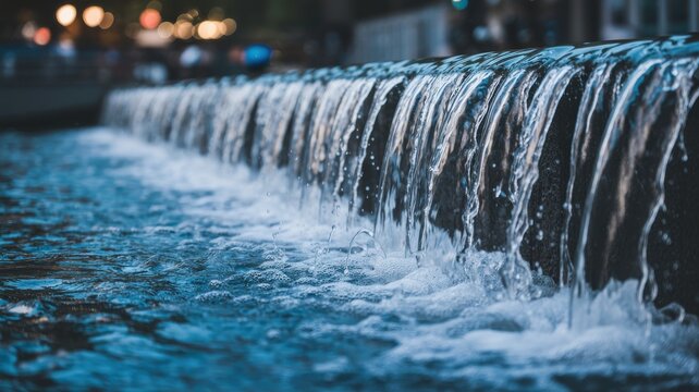 Close-up of clear water cascading over a dark weir with bokeh lights in the blurred background.
