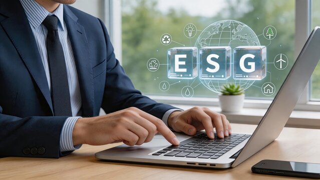 ESG sustainability concept on laptop screen, environmental social governance, corporate responsibility, ethical investing, green business practices, renewable energy, carbon