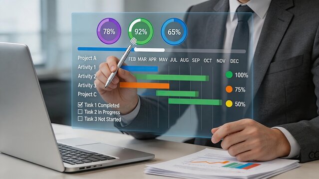 Businessman analyzing project management gantt chart on futuristic holographic screen, tracking progress bars and statistics for business strategy.