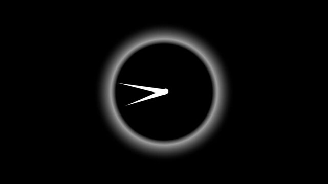 Abstract clock with fast spinning white hands in glowing circle on black background animation