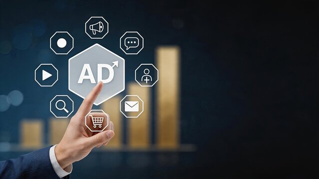 Digital advertising marketing campaign concept with hand touching virtual ad button surrounded by social media icons like megaphone chat bubble email shopping cart search lens