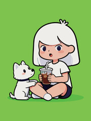Cute cartoon girl sitting with puppy and drinking iced coffee