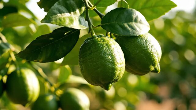 Ripe jackfruit hanging on tree branch in sunny orchard with green leaves and natural light