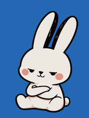 Fototapeta premium Grumpy Sitting Cartoon Rabbit with Crossed Arms