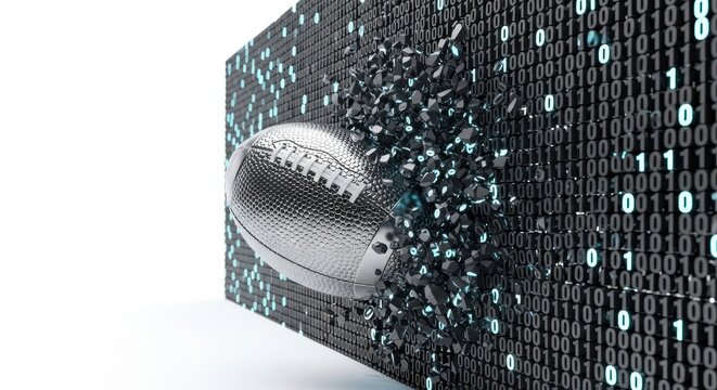 Futuristic football shattering binary code matrix background