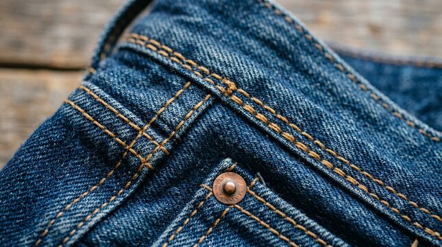Denim details: close-up of jeans pocket and stitching on wooden surface.