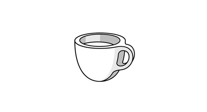 Minimalist black and white outline illustration of a classic coffee cup filled with a warm beverage, perfect for cafes, office, or morning themes