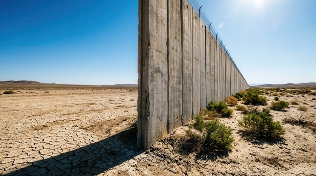 An imposing concrete border wall stretches endlessly across a desolate, sun-baked desert landscape under a brilliant blue sky, symbolizing division and the harshness of the environment