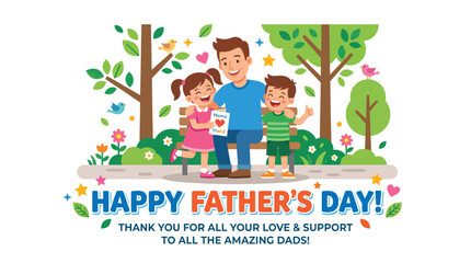 Naklejka premium Happy Father's Day Illustration of Dad with Son and Daughter in Park