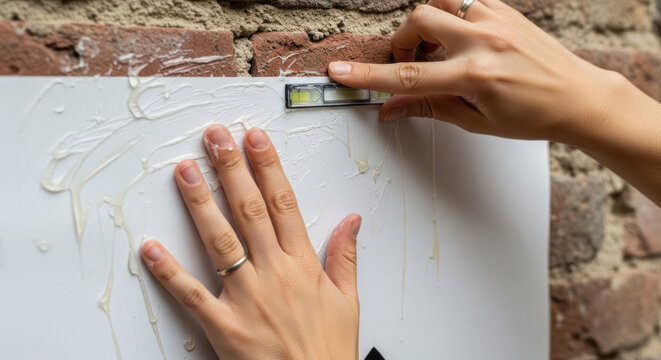 Person using a level to align a white surface on a wall.